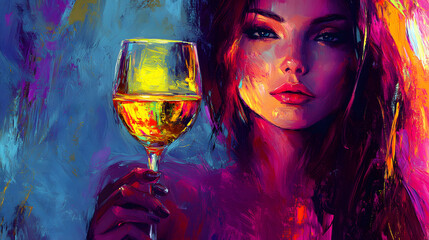 A bright painting of a stylish woman with a glowing wine glass in her hand.