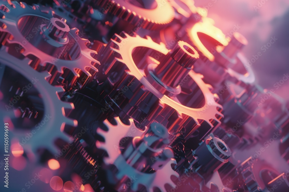 Poster Gears interlocking in a mechanical setup illuminated with vibrant colors, showcasing intricate designs and textures in a dynamic arrangement
