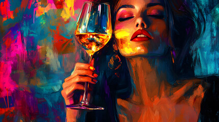 A bright painting of a stylish woman with a glowing wine glass in her hand.