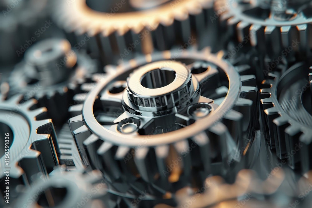 Aufkleber Close-up view of a metallic gear with water droplets highlighting the intricate details, captured in a dimly lit environment to emphasize texture and design
