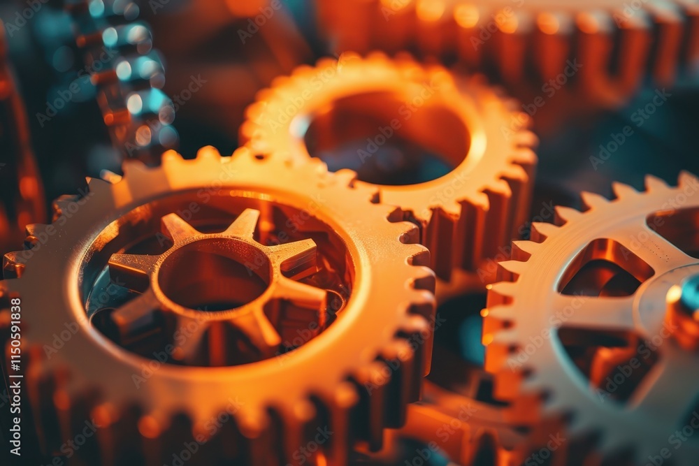 Poster Close-up view of a metallic gear with water droplets highlighting the intricate details, captured in a dimly lit environment to emphasize texture and design