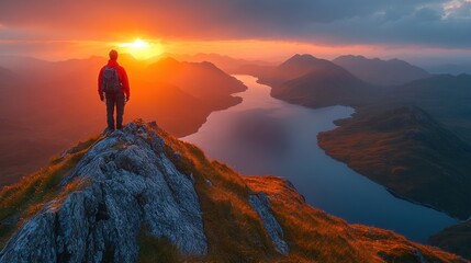 A hiker enjoys a stunning sunset over a tranquil lake and mountainous landscape.