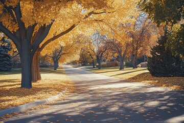 Naklejka premium Golden leaves line a sunlit autumn street