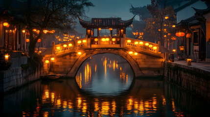 A charming historical bridge glowing with warm lights with vibrant lanterns along its edges.