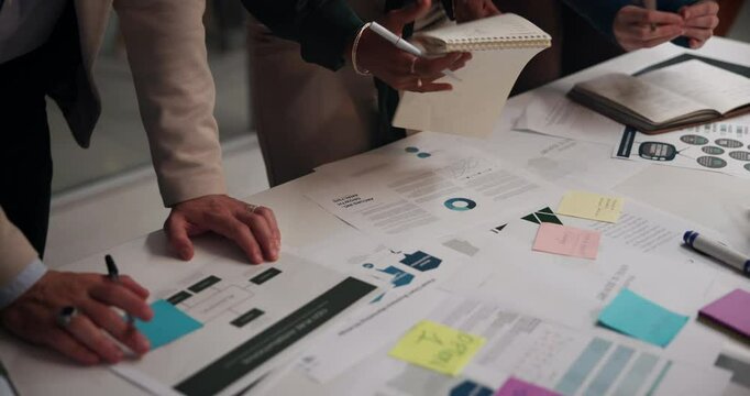 People hands, paper and writing in office for planning, campaign strategy and teamwork with mindmap. Employees, documents and sticky notes in workplace for discussion, reminders or budget information