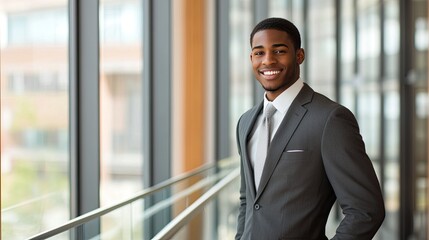 Smiling businessman posing confidently in a contemporary office, emphasizing collaboration and corporate excellence. -