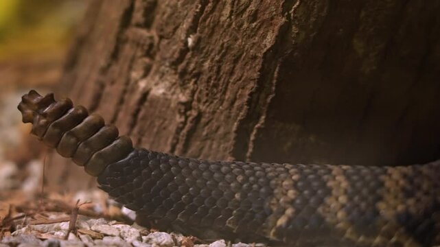 Rattlesnake tale rattle shows while slithering extreme macro close up. Venomous and deadly dangerous snake in the world. Highly agitated aggressive and defensive species of venomous snake.