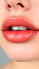 Fototapeta premium Close up of beautiful lips. Skin and plump lips with natural makeup. Part of face. Make-up concept, vector style, with white tones