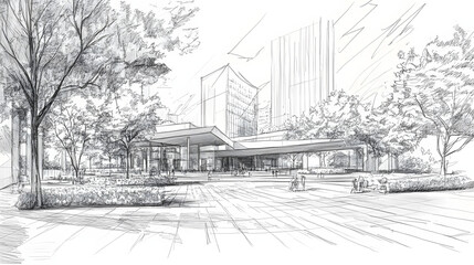 Fototapeta premium A hand-rendered sketch of a futuristic urban plaza envisioned by a master architect.