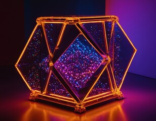 A vibrant, illuminated geometric sculpture with colorful lights, creating an enchanting and...