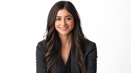 Fototapeta premium Stylish young businesswoman gesturing and smiling confidently at the camera, creating a positive and approachable image on a white background.