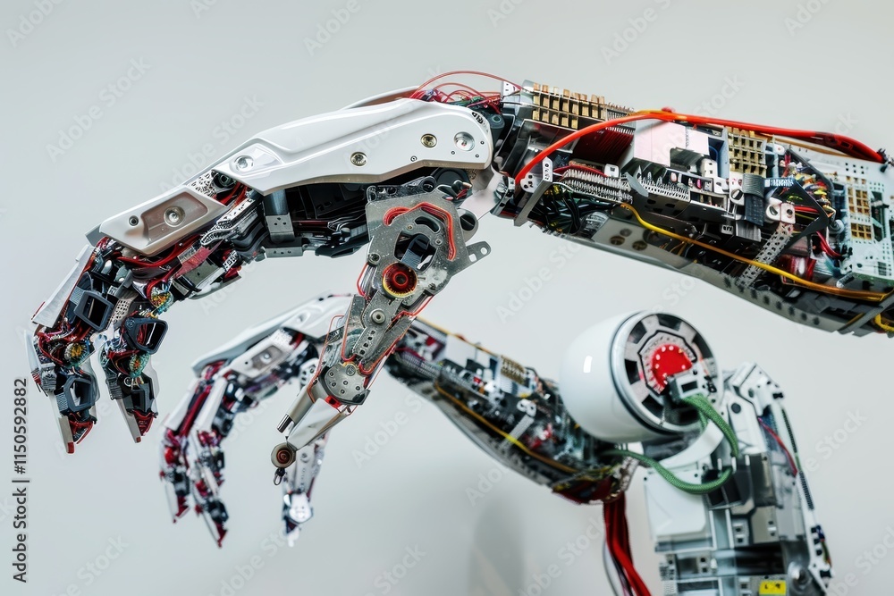 Fototapete Detailed robotic arms showcasing intricate engineering and design in an exhibition on advanced technology in robotics