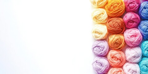 Row of colorful yarns are laid out on a white background