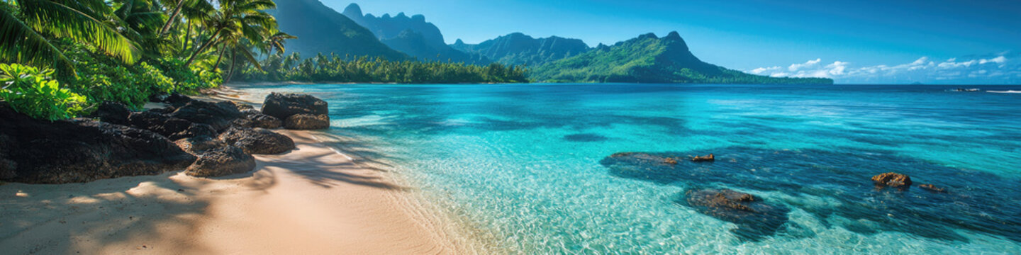 Panoramic view of tropical beach and rocks in clean water, landscape with serene ocean and blue sky. Concept of sea, web banner, nature.