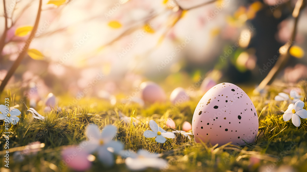 Poster easter egg in pink nestled among grass and flowers, glowing in the spring sunlight, creating a seren