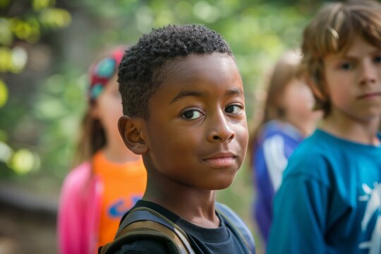 A young boy with a backpack stands in front of a group of children