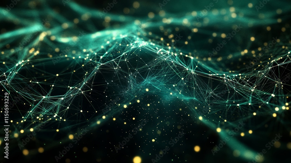 Poster complex network of glowing particles interacting in a digital space, showcasing abstract connections