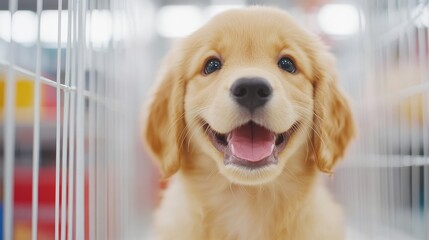 Happy Dog with Bright Smile in Cage Surrounded by Warm Light Creating an Uplifting and Wholesome Atmosphere of Joy and Companionship in Captivity