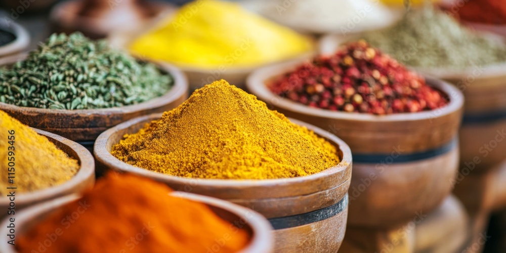 Poster a vibrant array of spices displayed in wooden bowls. this dynamic image captures the essence of culi
