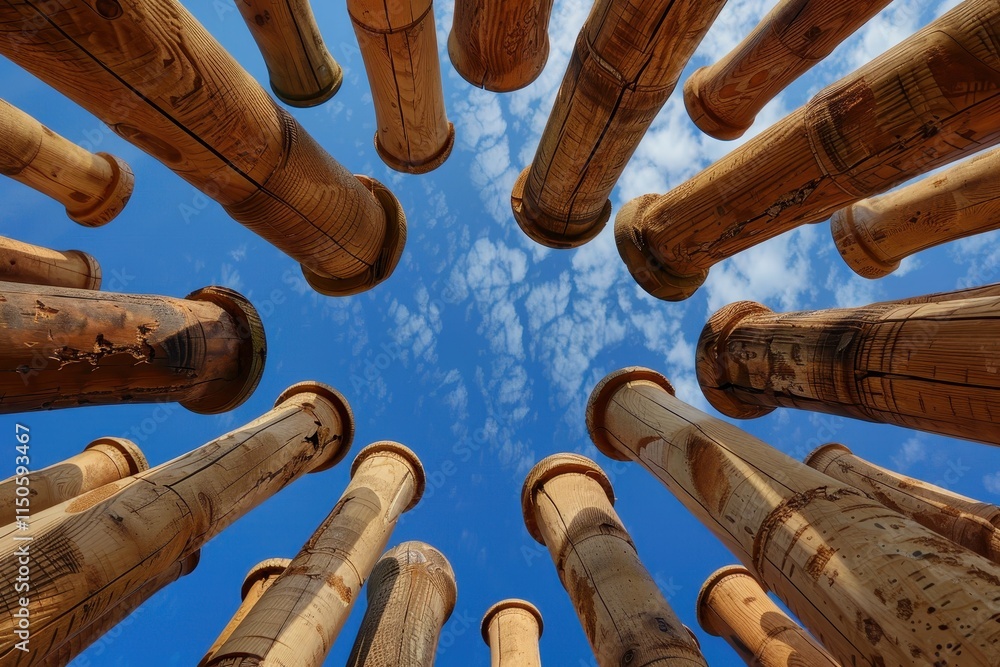 Poster columns rise towards the sky in an ancient site, capturing the beauty of craftsmanship and architect