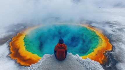 Obraz premium Person sits on a rock overlooking a vibrant colorful hot spring.