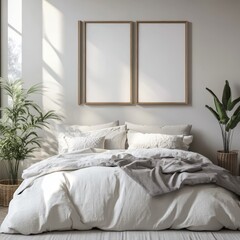 Cozy Modern Bedroom Featuring a Neutral Color Palette and Indoor Plants With Large Windows Allowing Natural Light to Flow In