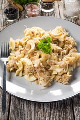 Pasta with sauerkraut and bacon.