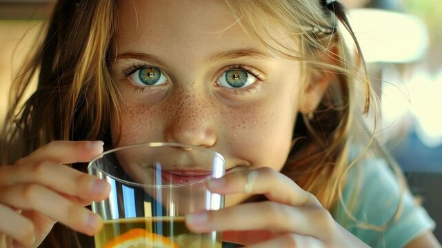 A young girl eagerly pours a tangy glass of electron lemonade her eyes wide with curiosity.