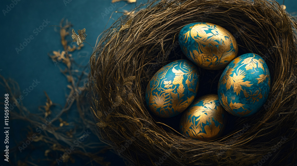 Poster beautifully adorned easter eggs nestled in a bird's nest, symbolizing the joy of springtime and the 