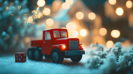 red truck toy carrying wooden cube with number 2025 in the back of the pickup for start of beginning new year 2025 with blur white flower field and defocus sparkling bokeh light at background