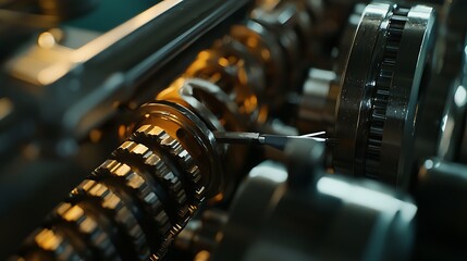 Naklejka premium A close up of a machine with many gears and a small part sticking out of it