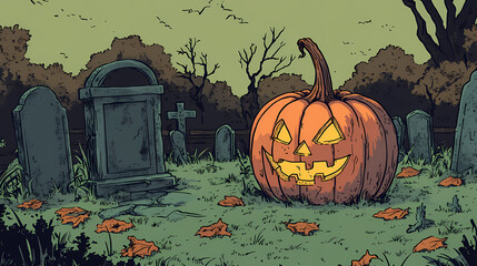A spooky halloween pumpkin sits in the middle of a graveyard, perfect for decorating and celebrating all hallows' eve. Hallowed. Illustration