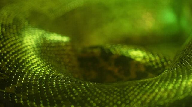Snake skin and exotic real scales abstract texture close up slow focus shift. Natural dragon like creature pattern. Wildlife Exotic pet hobby. Shiny live snake beast scales texture.