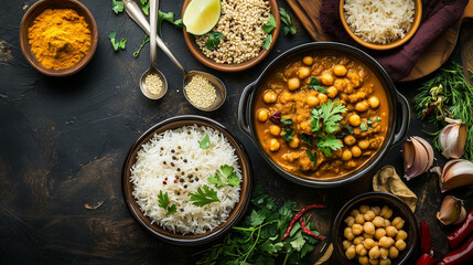 High-angle view of chickpea curry with basmati rice, garnished with herbs, rustic and comforting vibe