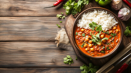 High-angle view of chickpea curry with basmati rice, garnished with herbs, rustic and comforting vibe