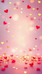 Shiny gold and red hearts glowing on pink festive background