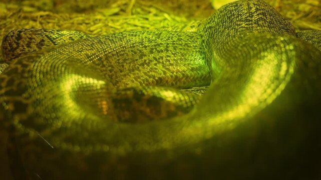Glossy texture of real live snake or python skin, dragon creature beast scales background. Snakes slowly breathing. Serpent close-up and reptile in motion. Shiny natural exotic animal scales pattern.