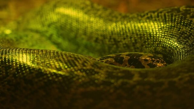 Glossy texture of real live snake or python skin focus shift, dragon creature beast scales background. Serpent close-up and reptile in motion. Shiny natural exotic animal scales pattern.