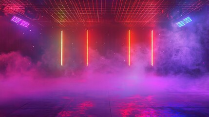 Naklejka premium Colorful Dance Floor Illuminated With Vibrant Lights and Fog in an Energetic Nightlife Atmosphere During a Club Event at Night