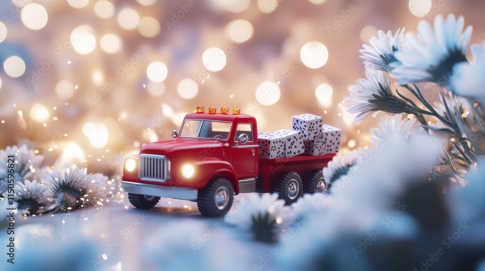 Poster red truck toy carrying wooden cube with number 2025 in the back of the pickup for start of beginning