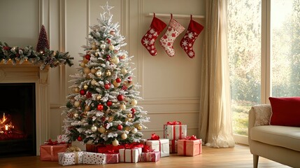 Festive Christmas Interior with Decorated Tree and Presents