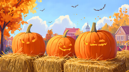 Autumnal display row of big orange pumpkins on bales of hay at all hallows eve in october. fall pumpkins for halloween preparation and thanksgiving day at town market. Hallowed. Illustration