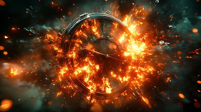 Burning clock engulfed in flames and sparks, exploding.