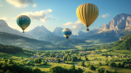 Fototapeta premium Hot air balloons soaring over a picturesque mountain landscape