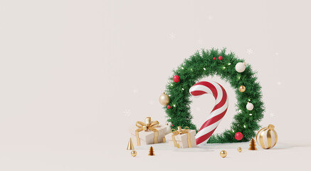 3D render, Happy new year and Merry Christmas scene with Christmas wreath, ornaments, candy cane, and golden wrapped gifts.