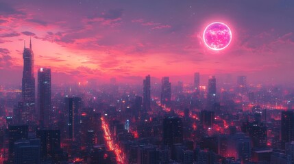 Fototapeta premium A vibrant cityscape at sunset with a large, glowing moon illuminating the skyline.