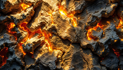 Glowing embers and charred wood from a fire, with bright orange and yellow flames visible amidst the dark, textured charcoal.