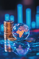 Crystal Globe with Digital Map Overlay and Coin Stacks in a Blue Financial Environment