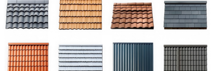 Various roof types isolated on transparent background. Includes shingles, tiles, metal, plastic, fiberglass, and flat roofs in PNG collection
