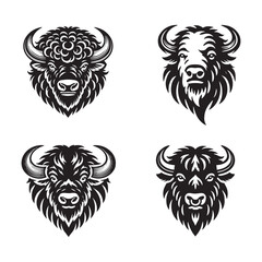 Bison Face Silhouette Vector Set - Detailed Wildlife Illustrations in Black and White